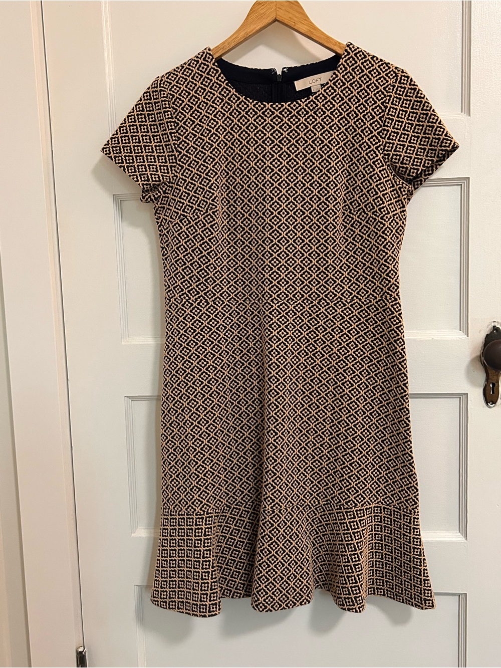 LOFT Black and Cream Short Sleeve Textured Fit-and-Flare Dress